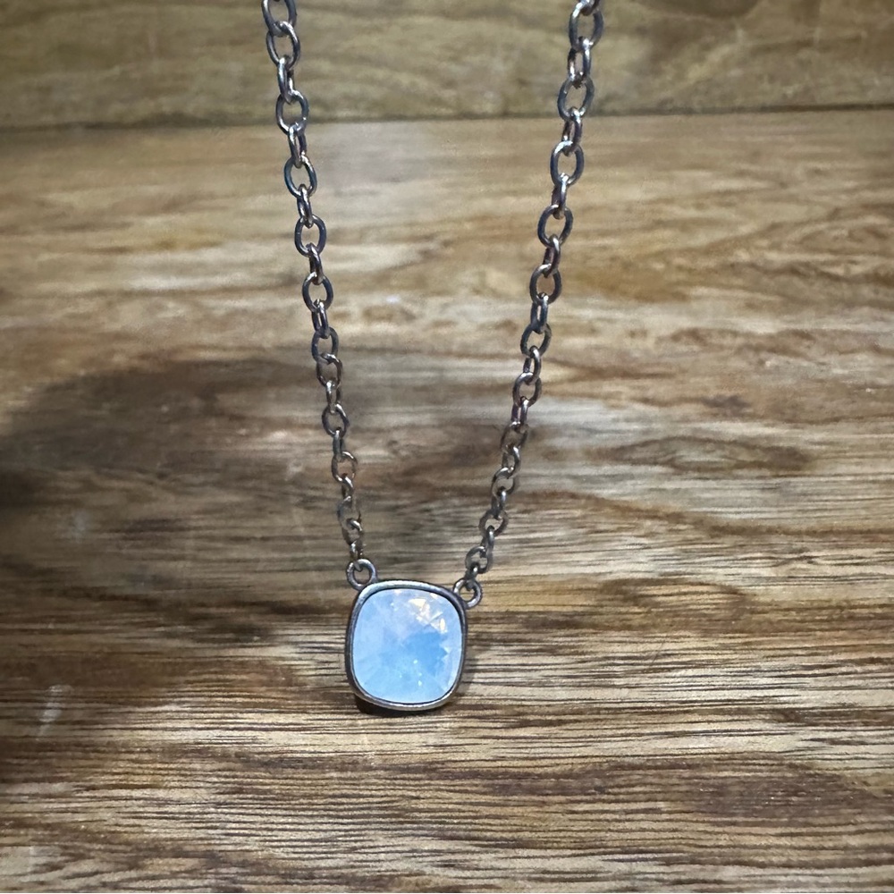 New Pink Panache silver necklace with a 12mm white square opal like swavorski